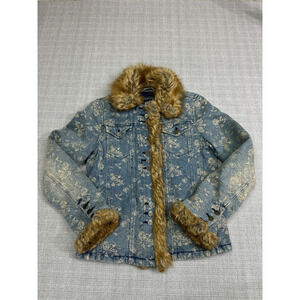 Faux Fur Jean Jacket Womens Medium Denim‎ Floral Pattern Vintage 70s Vibe Retro